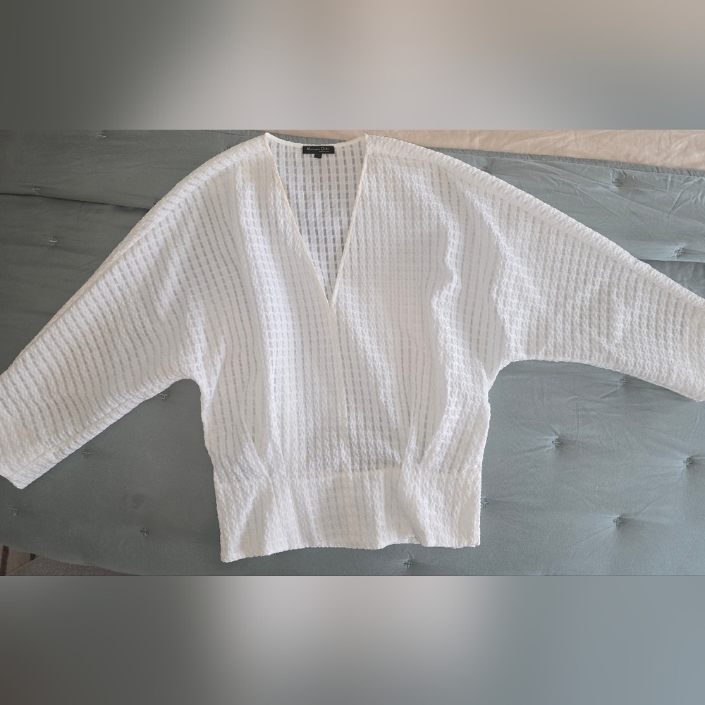 Massimo Dutti Ivory Textured V-Neck Blouse